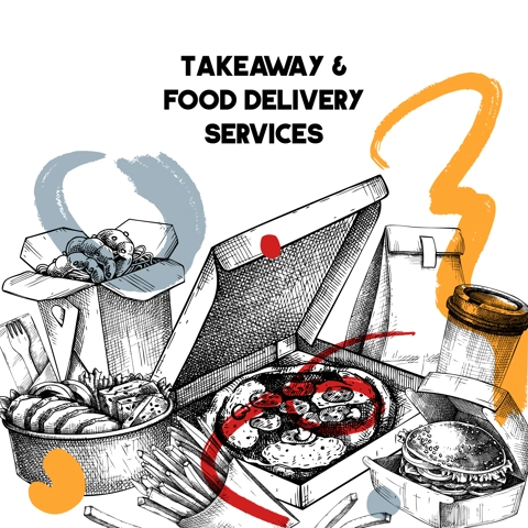 Collage style fast food background. Hand-drawn vector illustration. Burger, pizza box, paper bag, coffee cup sketch. Takeaway food menu design. Restaurant delivery trendy banner template